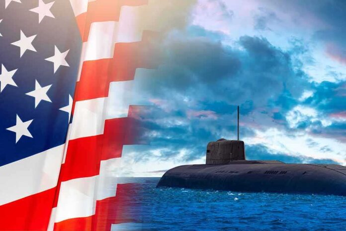 2068617785 featured image American flag and submarine at sea under a cloudy sky