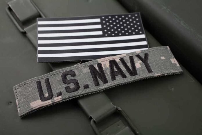 U S Navy patch with black and white American flag