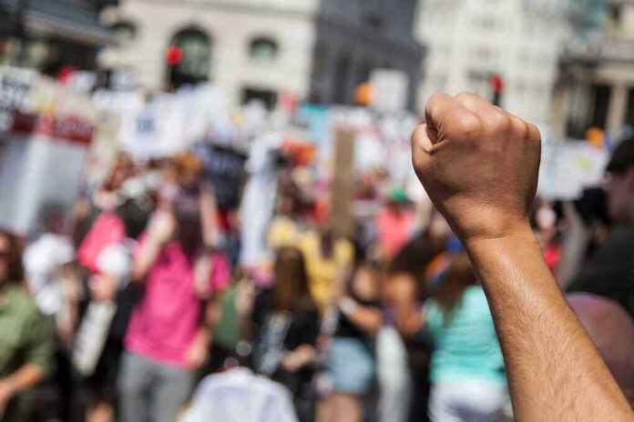 1135501646 Raised fist in front of a crowd