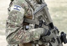 Soldier in camouflage gear with Israeli flag patch