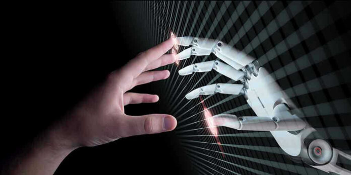 650850907 Human and robotic hands almost touching fingers