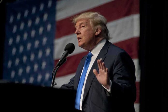 A man in a suit speaking at a podium with an American flag in the background