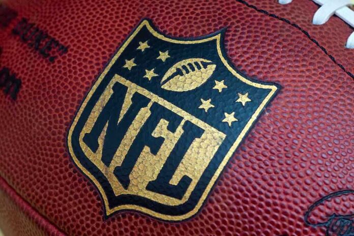 Close-up of an NFL football with the logo prominently displayed