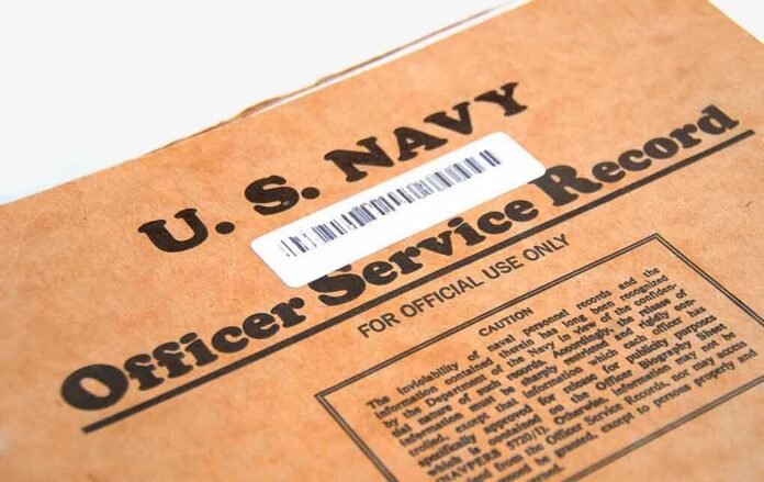 Close-up of a U.S. Navy officer service record document