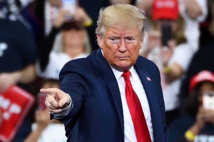 A man in a suit pointing during a speech at a rally