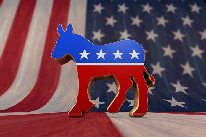 A donkey symbol representing the Democratic Party in front of an American flag background