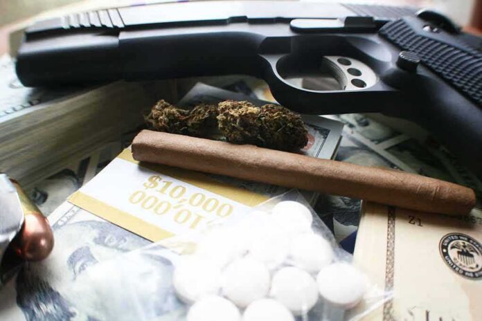 Handgun with cash, pills, and marijuana on a table