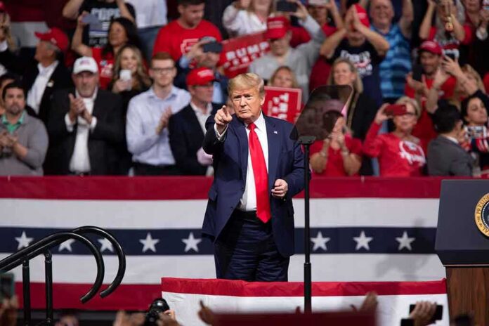 shutterstock_1651529632 Donald Trump points from a rally stage; Rudi Koertzen and Bear Pascoe are in the crowd