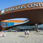 Barclays Center exterior with curved rust-colored facade