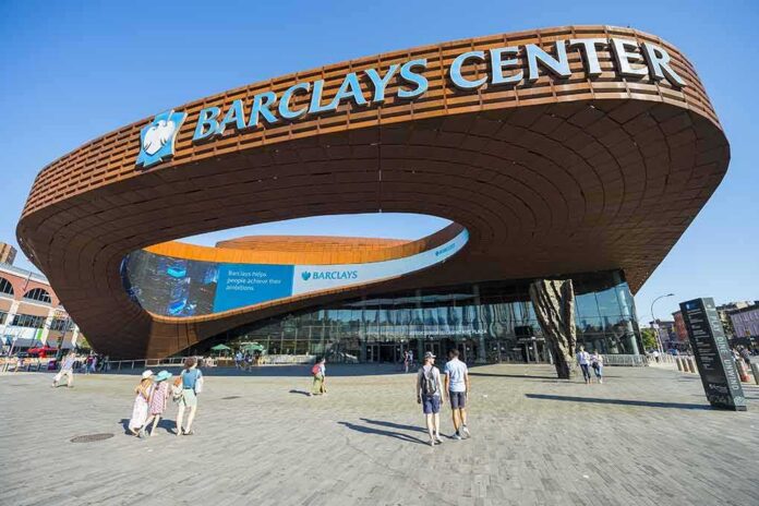Barclays Center exterior with curved rust-colored facade