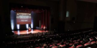 Audience in a theater watching a stage presentation