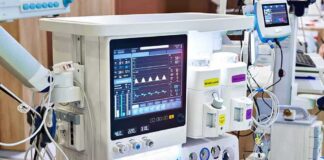 anesthesia machine with monitoring screen in a hospital