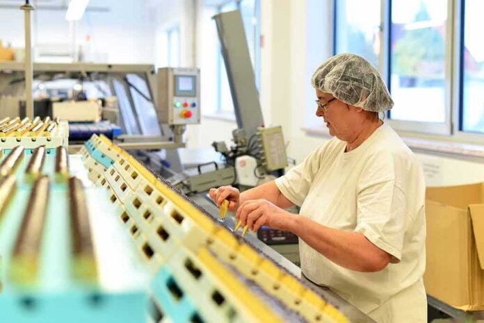 shutterstock_1033057723 Worker in hair net inspects items on a factory conveyor line