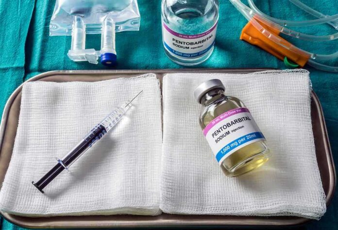 Medical tray with syringe and pentobarbital vials on gauze