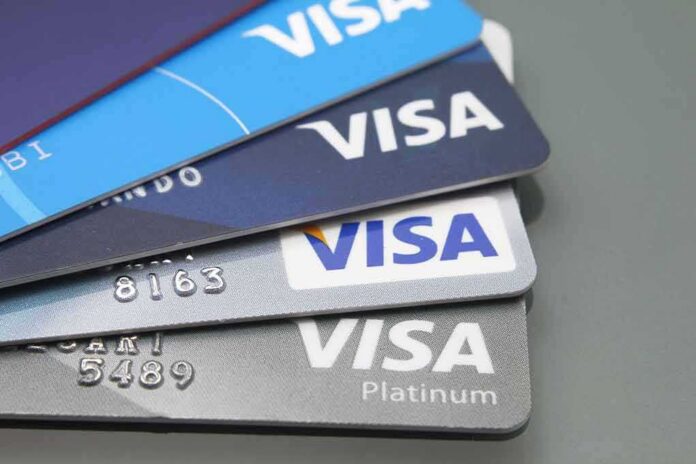 Visa credit cards stacked in a fanned arrangement